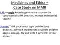 Medicines and Ethics – Case Study on MMR L.O: to apply knowledge to a case study on the controversial MMR (measles, mumps and rubella) vaccine Starter: