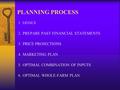 PLANNING PROCESS 1.GOALS 2.PREPARE PAST FINANCIAL STATEMENTS 3.PRICE PROJECTIONS 4.MARKETING PLAN 5.OPTIMAL COMBINATION OF INPUTS 6.OPTIMAL WHOLE-FARM.