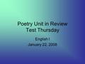 Poetry Unit in Review Test Thursday English I January 22, 2008.