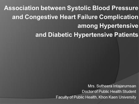 Association between Systolic Blood Pressure and Congestive Heart Failure Complication among Hypertensive and Diabetic Hypertensive Patients Mrs. Sutheera.