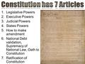 1.Legislative Powers 2.Executive Powers 3.Judicial Powers 4.States Powers 5.How to make amendment 6.National Debt validation, Supremacy of National Law,