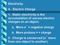 Electricity A. Electric Charge 1. Static electricity is the accumulation of excess electric charges on an object. a. More e¯ = negative charge b. More.