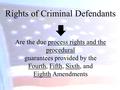 Rights of Criminal Defendants Are the due process rights and the procedural guarantees provided by the Fourth, Fifth, Sixth, and Eighth Amendments.