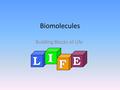 Biomolecules Building Blocks of Life. Elements Everything – whether it’s a rock, frog, flowers, etc. - is made up of elements. Elements can be found on.