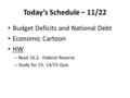 Today’s Schedule – 11/22 Budget Deficits and National Debt Economic Cartoon HW – Read 16.2: Federal Reserve – Study for Ch. 14/15 Quiz.