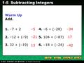 Evaluating Algebraic Expressions 1-5Subtracting Integers Warm Up Add. 1. –7 + 24. –6 + (–28) 2. –12 + (–9) 5. 104 + (–87) 3. 32 + (–19) 6. –18 + (–24)