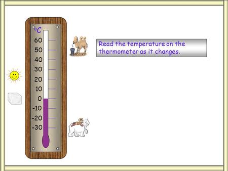 Thermometer Read the temperature on the thermometer as it changes. 0 -10 -20 -30 10 20 30 40 50 60 oCoC.