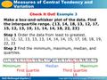Holt McDougal Algebra 2 Measures of Central Tendency and Variation Check It Out! Example 3 Make a box-and-whisker plot of the data. Find the interquartile.