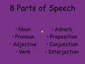 8 Parts of Speech Noun Pronoun Adjective Verb Adverb Preposition Conjunction Interjection.
