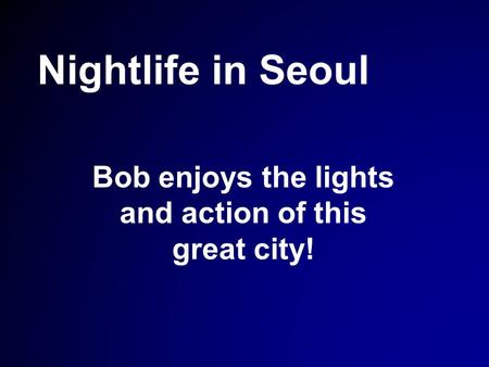 Bob enjoys the lights and action of this great city! Nightlife in Seoul.