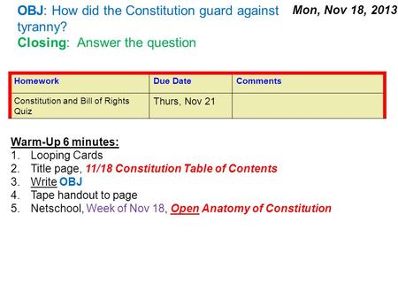 OBJ: How did the Constitution guard against tyranny? Closing: Answer the question Mon, Nov 18, 2013 Warm-Up 6 minutes: 1.Looping Cards 2.Title page, 11/18.