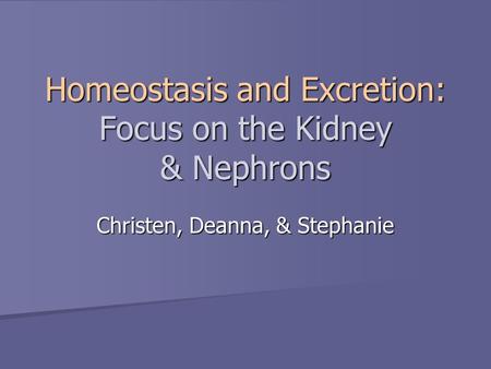 Homeostasis and Excretion: Focus on the Kidney & Nephrons Christen, Deanna, & Stephanie.