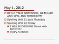May 1, 2012  BRING YOUR NOTEBOOK, GRAMMAR AND SPELLING TOMORROW  Spelling Unit 21 quiz Thursday  Spelling Unit 22 Friday I WILL BE CHECKING 5times each.