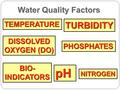 TEMPERATURE DISSOLVED OXYGEN (DO) OXYGEN (DO) pH NITROGEN PHOSPHATES TURBIDITY BIO- INDICATORS Water Quality Factors.