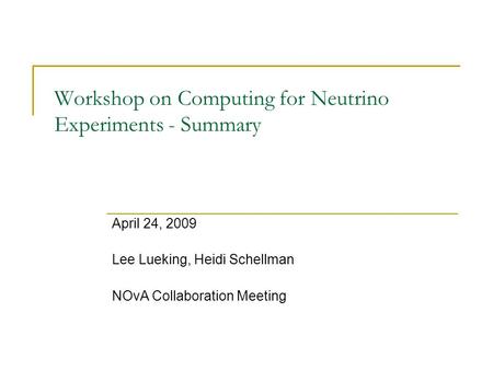 Workshop on Computing for Neutrino Experiments - Summary April 24, 2009 Lee Lueking, Heidi Schellman NOvA Collaboration Meeting.