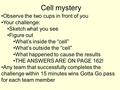 Cell mystery Observe the two cups in front of you Your challenge: Sketch what you see Figure out What’s inside the “cell” What’s outside the “cell” What.
