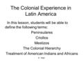 E. Napp The Colonial Experience in Latin America In this lesson, students will be able to define the following terms: Peninsulares Criollos Mestizos The.