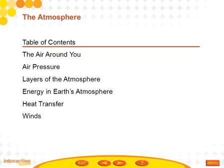 Table of Contents The Air Around You Air Pressure Layers of the Atmosphere Energy in Earth’s Atmosphere Heat Transfer Winds The Atmosphere.