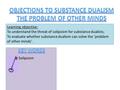Learning objective: To understand the threat of solipsism for substance dualists; To evaluate whether substance dualism can solve the ‘problem of other.
