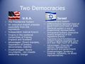 Two Democracies U.S.A. The Presidential System An executive branch presides separately from the legislature Independent Judicial branch Origins in the.