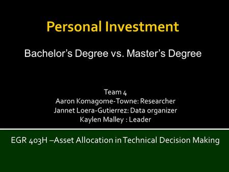 Team 4 Aaron Komagome-Towne: Researcher Jannet Loera-Gutierrez: Data organizer Kaylen Malley : Leader EGR 403H –Asset Allocation in Technical Decision.