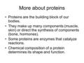 More about proteins Proteins are the building block of our bodies. They make up many components (muscle, skin) or direct the synthesis of components (bone,