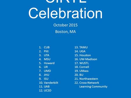 CIRTL Celebration October 2015 Boston, MA 1.CUB 2.Pitt 3.UTA 4.MSU 5.Howard 6.UR 7.UMD 8.JHU 9.ISU 10.Vanderbilt 11.UAB 12.UCSD 13.TAMU 14.UGA 15.Houston.