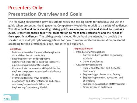 Presenters Only: Presentation Overview and Goals The following presentation provides sample slides and talking points for individuals to use as a guide.