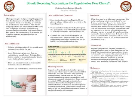 Should Receiving Vaccinations Be Regulated or Free Choice? Christina Davis, Brianna Schraeder King’s College, Wilkes-Barre PA Aim and Methods Conclusion.