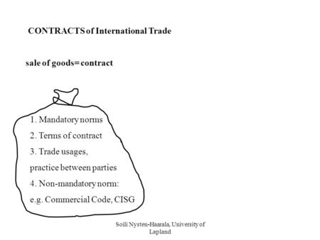 CONTRACTS of International Trade sale of goods= contract 1. Mandatory norms 2. Terms of contract 3. Trade usages, practice between parties 4. Non-mandatory.
