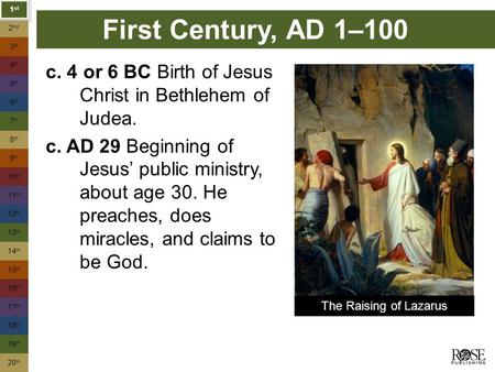 First Century, AD 1–100 c. 4 or 6 BC Birth of Jesus Christ in Bethlehem of Judea. c. AD 29 Beginning of Jesus’ public ministry, about age 30. He preaches,