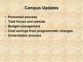 Campus Updates Personnel process Task forces and retreats Budget management Cost savings from programmatic changes Consultation process.