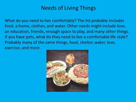 What do you need to live comfortably? The list probably includes food, a home, clothes, and water. Other needs might include love, an education, friends,