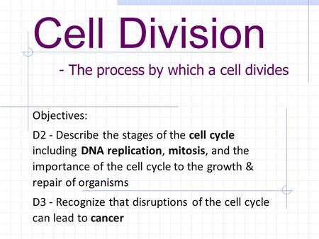 Cell Division - The process by which a cell divides Objectives: D2 - Describe the stages of the cell cycle including DNA replication, mitosis, and the.
