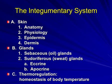 The Integumentary System A. Skin 1. Anatomy 1. Anatomy 2. Physiology 2. Physiology 3. Epidermis 3. Epidermis 4. Dermis 4. Dermis B. Glands B. Glands 1.