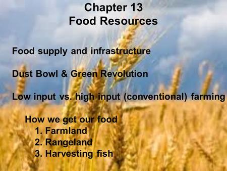 Chapter 13 Food Resources Food supply and infrastructure Dust Bowl & Green Revolution Low input vs. high input (conventional) farming How we get our food.
