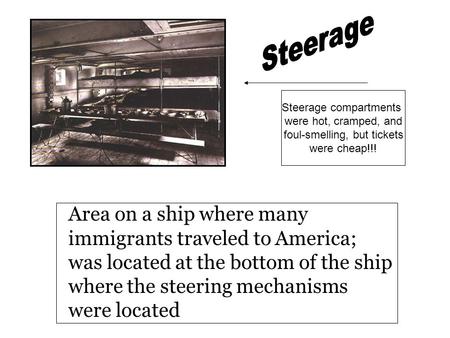 Area on a ship where many immigrants traveled to America; was located at the bottom of the ship where the steering mechanisms were located Steerage compartments.