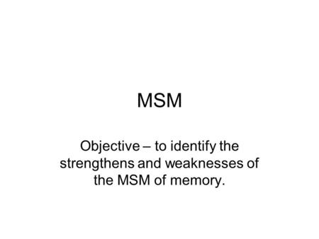 MSM Objective – to identify the strengthens and weaknesses of the MSM of memory.