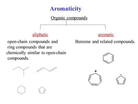 Aromaticity Organic compounds aliphaticaromatic Benzene and related compounds. open-chain compounds and ring compounds that are chemically similar to open-chain.