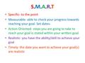 S.M.A.R.TS.M.A.R.T Specific- to the point Measurable- able to check your progress towards reaching your goal. Set dates- Action Oriented- steps you are.