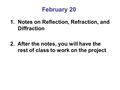 February 20 1.Notes on Reflection, Refraction, and Diffraction 2. After the notes, you will have the rest of class to work on the project.