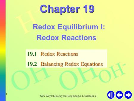 H+H+ H+H+ H+H+ OH - New Way Chemistry for Hong Kong A-Level Book 2 1 Chapter 19 Redox Equilibrium I: Redox Reactions 19.1Redox Reactions 19.2Balancing.