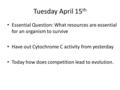 Tuesday April 15 th Essential Question: What resources are essential for an organism to survive Have out Cytochrome C activity from yesterday Today how.