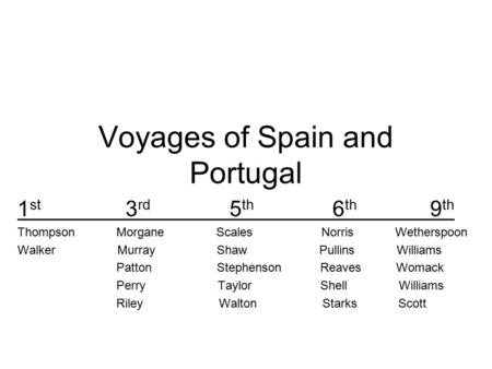 Voyages of Spain and Portugal 1 st 3 rd 5 th 6 th 9 th Thompson Morgane Scales Norris Wetherspoon Walker Murray Shaw Pullins Williams Patton Stephenson.
