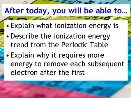 After today, you will be able to… Explain what ionization energy is Describe the ionization energy trend from the Periodic Table Explain why it requires.