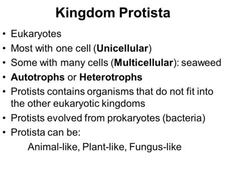 Kingdom Protista Eukaryotes Most with one cell (Unicellular) Some with many cells (Multicellular): seaweed Autotrophs or Heterotrophs Protists contains.
