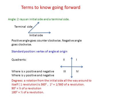 Terms to know going forward Angle: 2 rays an initial side and a terminal side. Initial side Terminal side Positive angle goes counter clockwise. Negative.