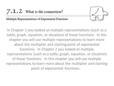 In Chapter 2 you looked at multiple representations (such as a table, graph, equation, or situation) of linear functions. In this chapter you will use.