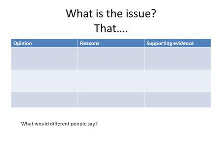 What is the issue? That…. OpinionReasonsSupporting evidence What would different people say?