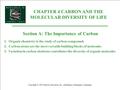CHAPTER 4 CARBON AND THE MOLECULAR DIVERSITY OF LIFE Copyright © 2002 Pearson Education, Inc., publishing as Benjamin Cummings Section A: The Importance.